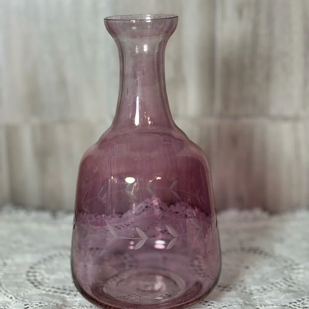 Vintage Cranberry Pink Glass Vase with Etching